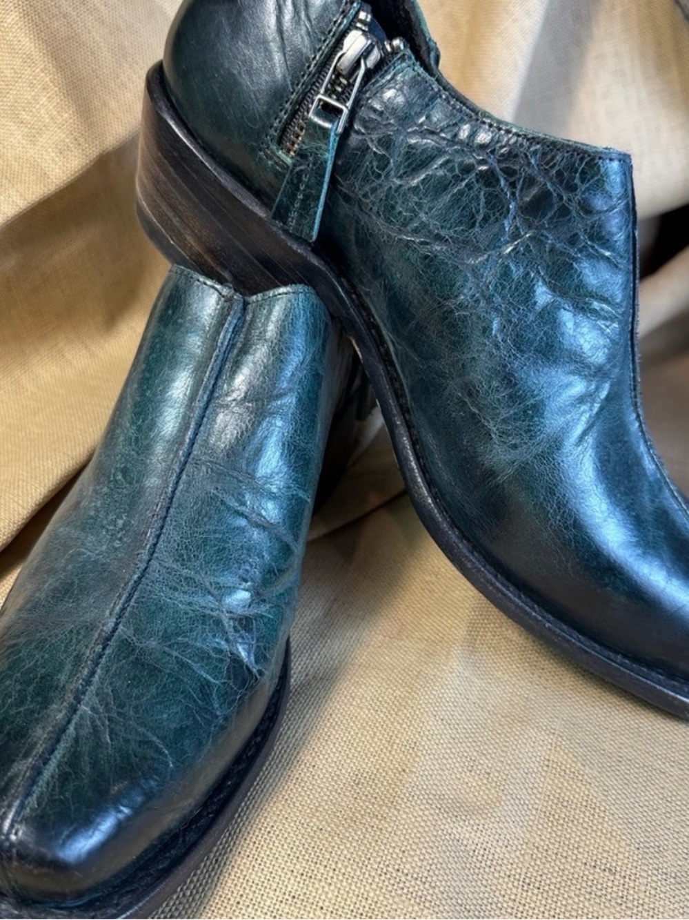 Women's Dark Green Leather Ankle Booties with Side Zip